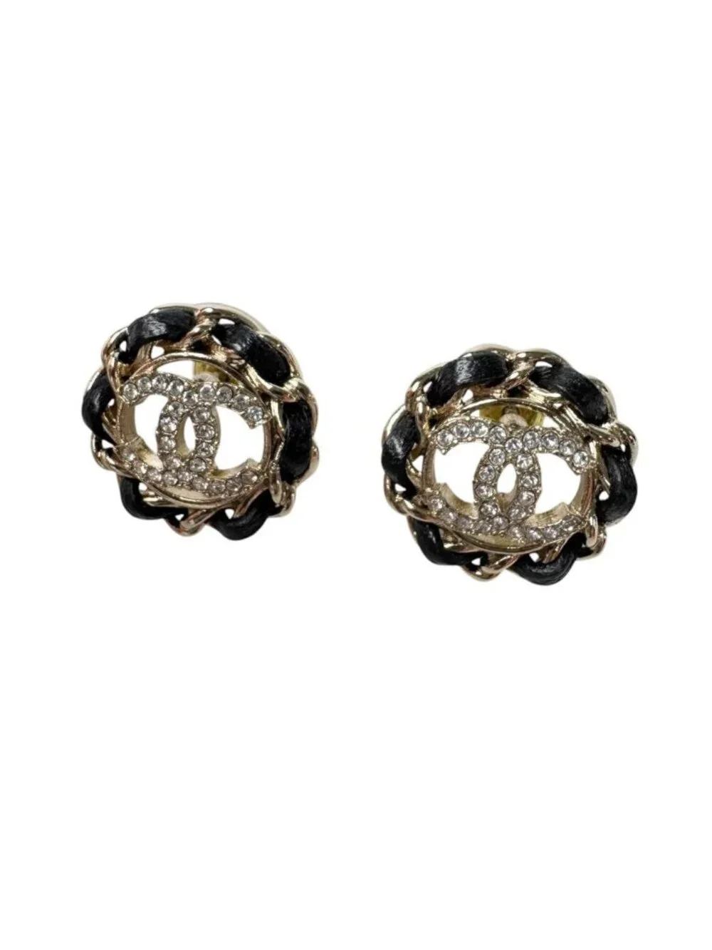 Chanel CC Logo Rhinestone Leather Chain Earrings